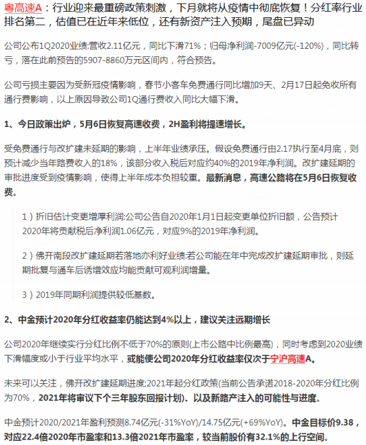 【脱水个股】行业迎来最重磅政策刺激，下月就将从疫情中彻底恢复！分红率行业排名第二，估值已在近年来低位，还有新资产注入预期，尾盘已异动