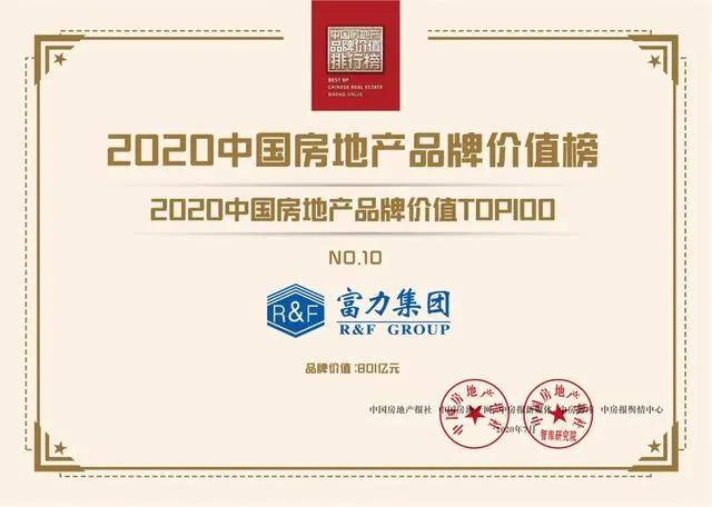 富力荣膺2020中国房地产品牌价值排行榜十强