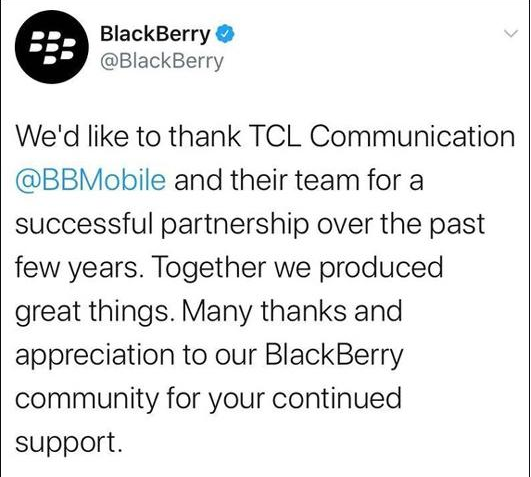 TCL今年8月底停售黑莓手机：后者全球市场占有率仅1%