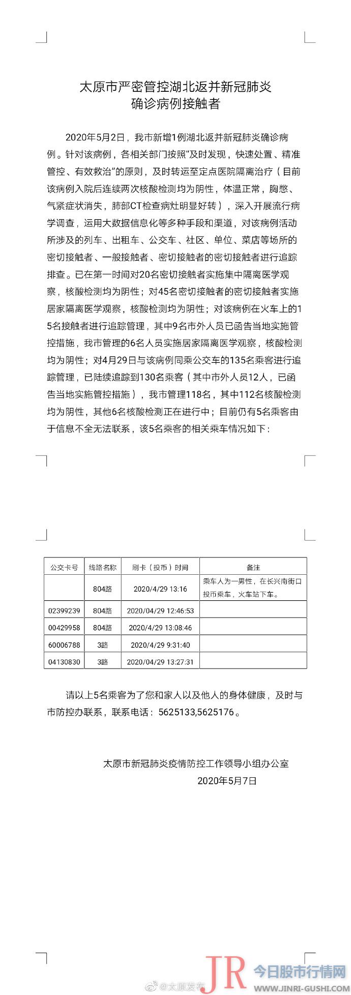 相关部门对4月29日与该病例同乘公交车的135名搭客停止追踪打点