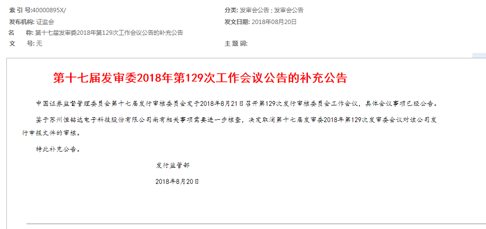 证监会：打消苏州恒铭达电子科技首发审核