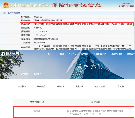 海港人寿获得保险允诺证 机构住所与恒大人寿经营地址不异