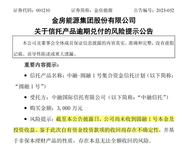 金房能源耗资4000万元购置了中融信托的“圆融壹号-6M”非保本产品