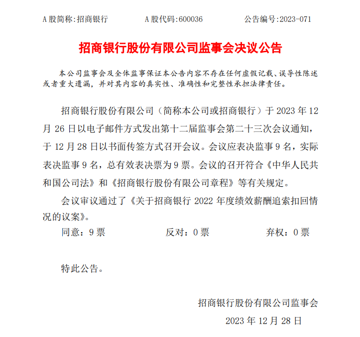 招商银行全票通过2022年度绩效薪酬追索扣回情况议案