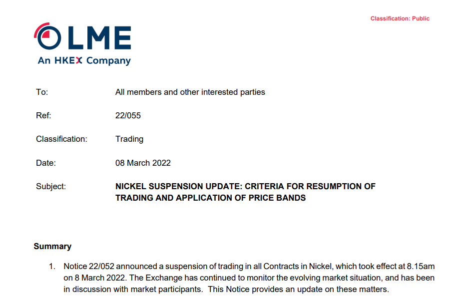  LME预期将依照3月7日的收盘价重启交易